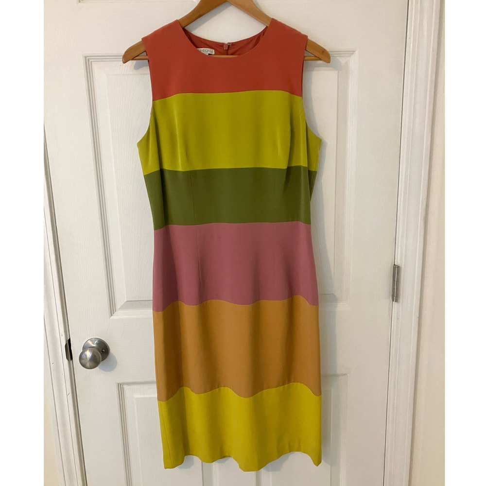 Maggy London 100% Silk Block Stripe Sleeveless Knee Length Dress Women's 10